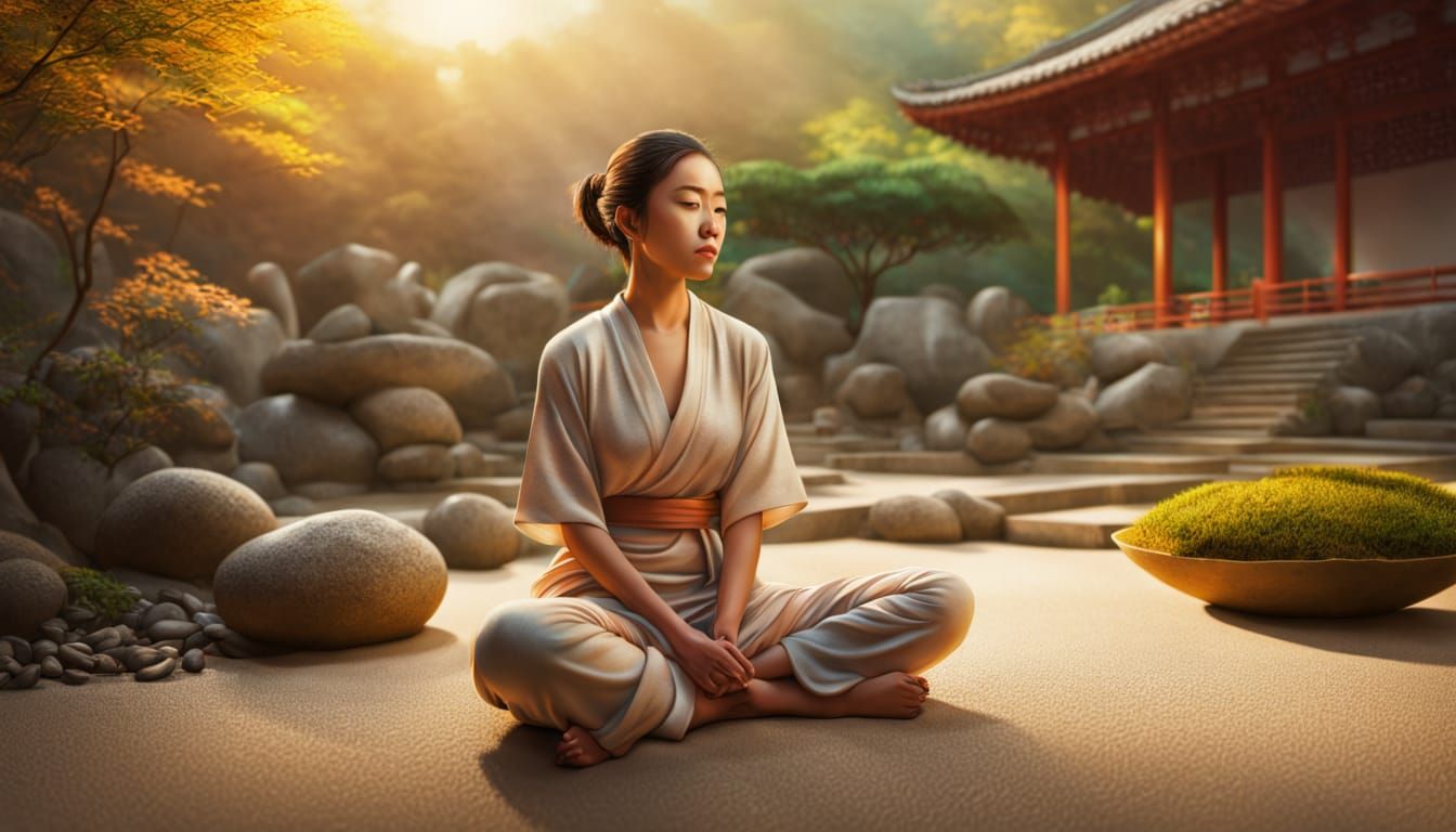Woman Relaxing in Hyperrealistic Zen Garden
