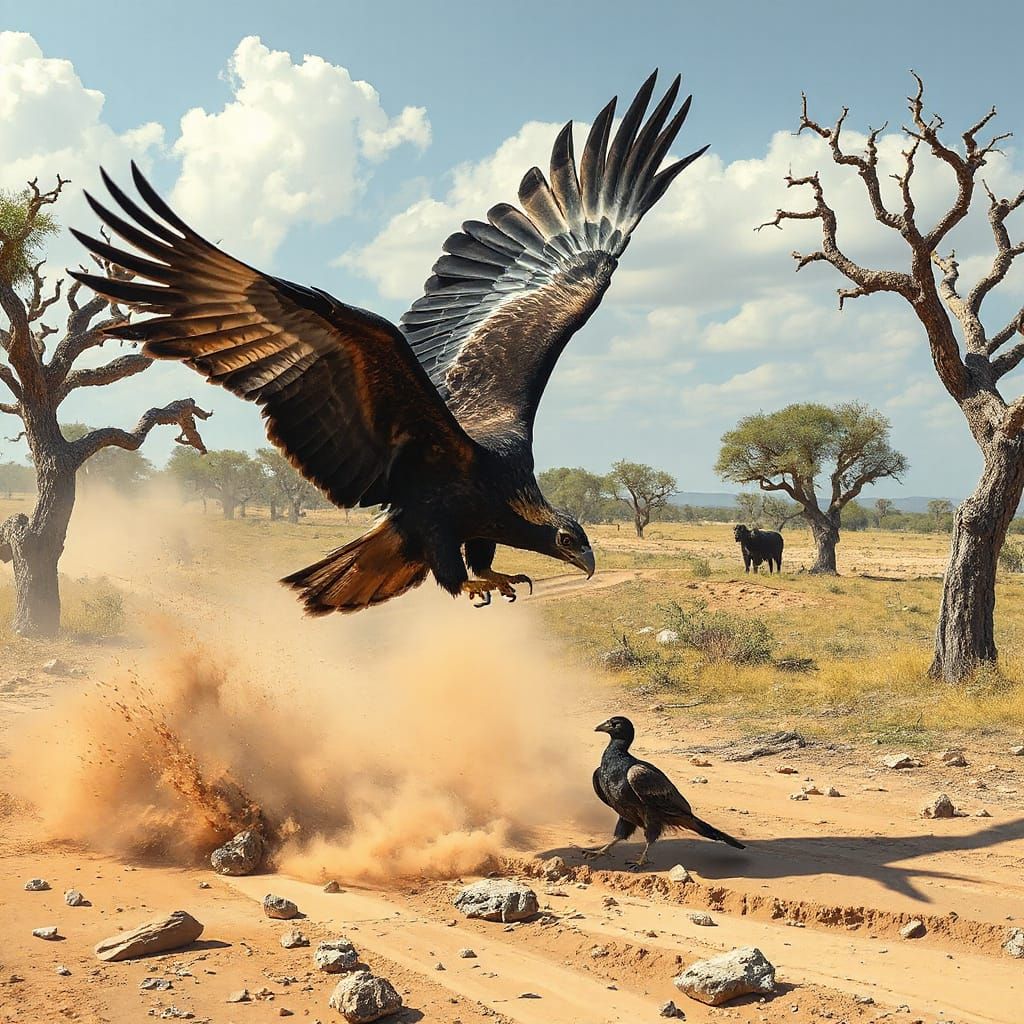 African Black Eagle Hunting on the Savannah