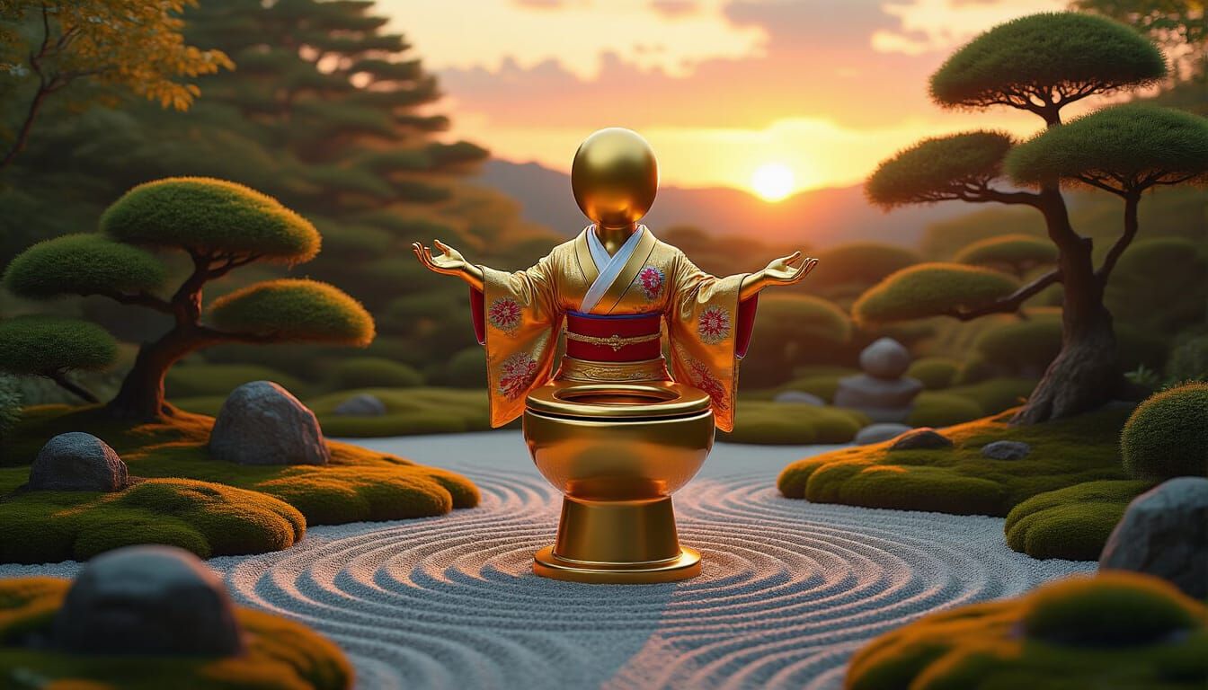 Golden Toilet in Kimono Dances in Zen Garden