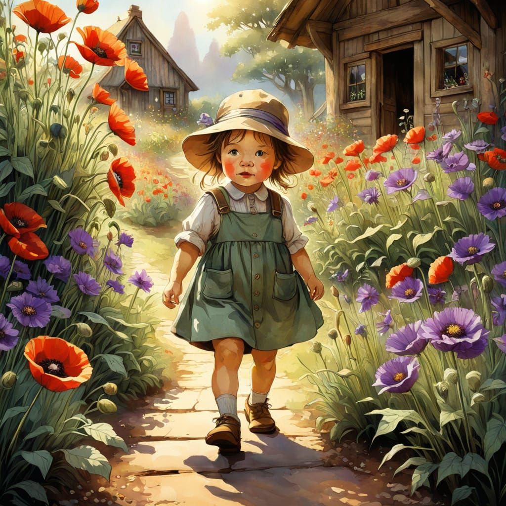 Curious Child Takes First Steps in Vibrant Flower Garden