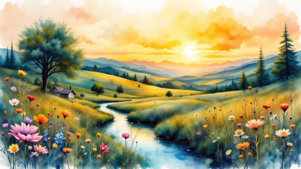 Countryside Sunrise in Ink and Watercolour Style