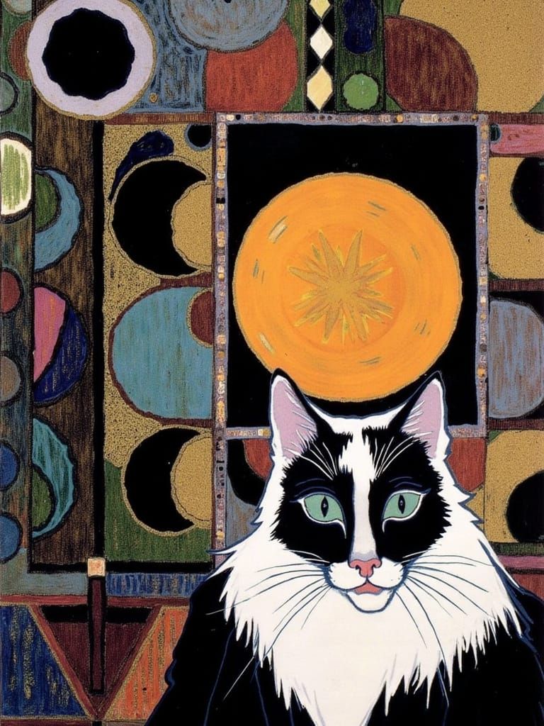 Whimsical Bohemian Cat in Iridescent Collage Style