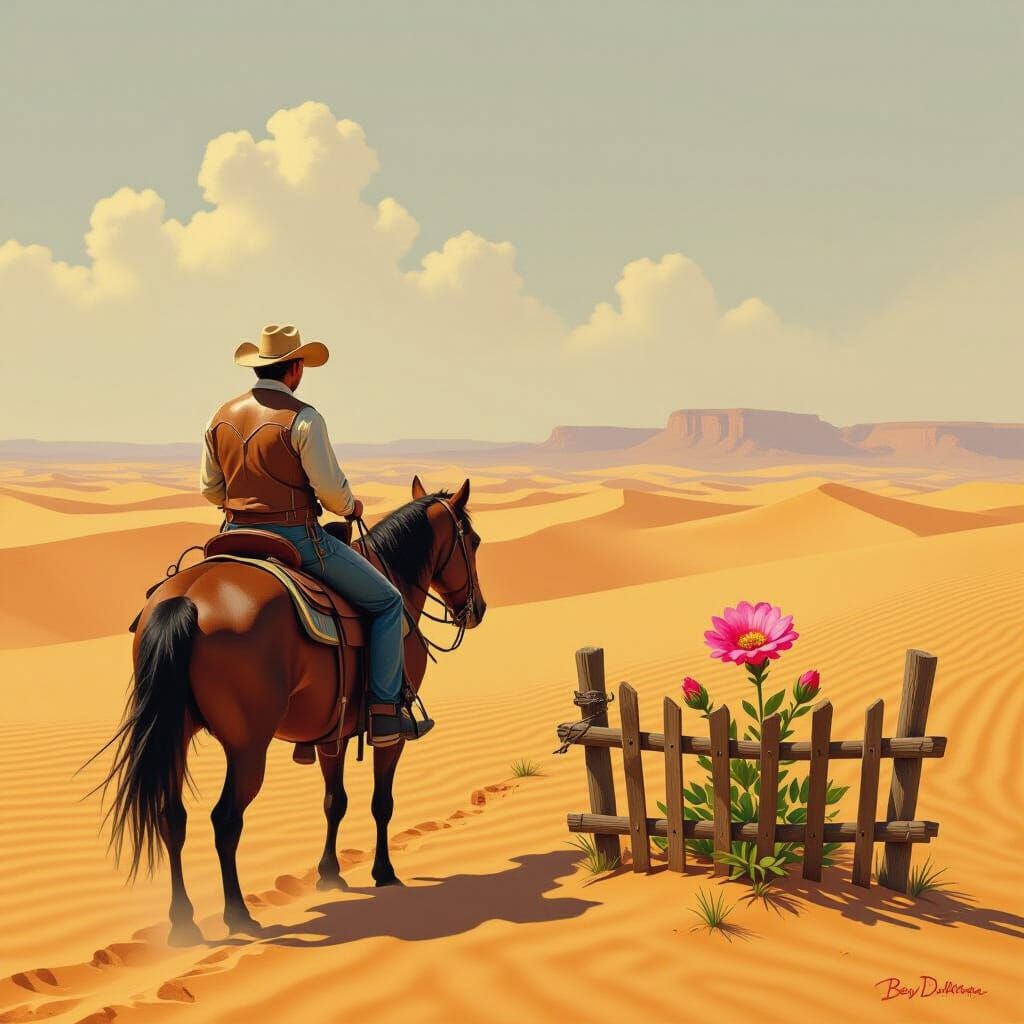 Cowboy Finds Desert Flower in Golden Light