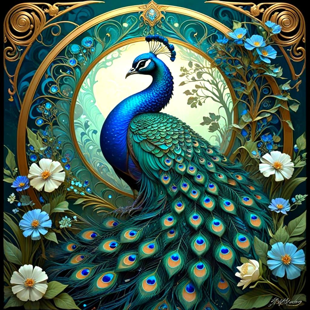Art Nouveau Peacock Digital Art with Jewel Tones