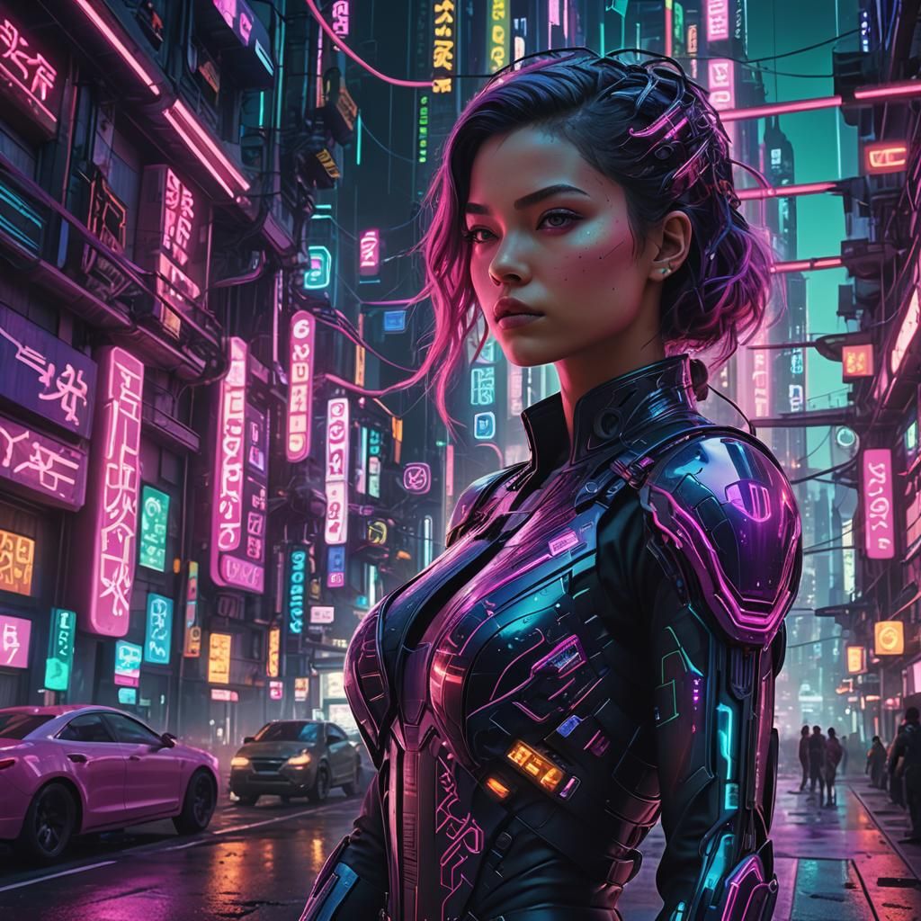 Futuristic Cyberpunk Cityscape with Women and Androids