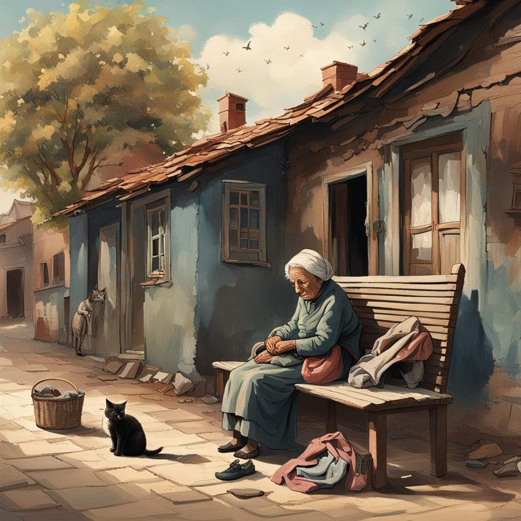 Old Woman with Kitten Outside Broken House