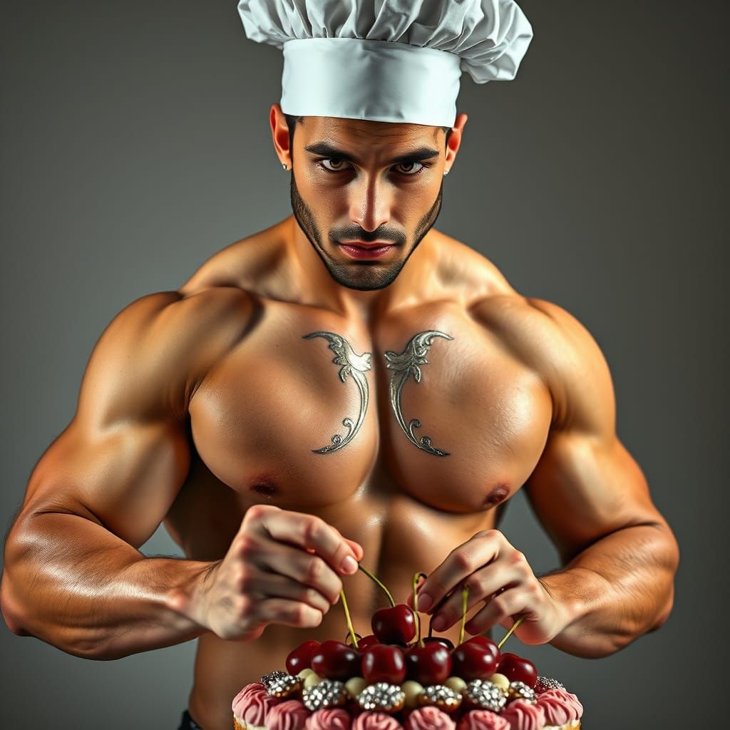 Muscular Chef Decorates Cake: Hyperrealistic Portrait
