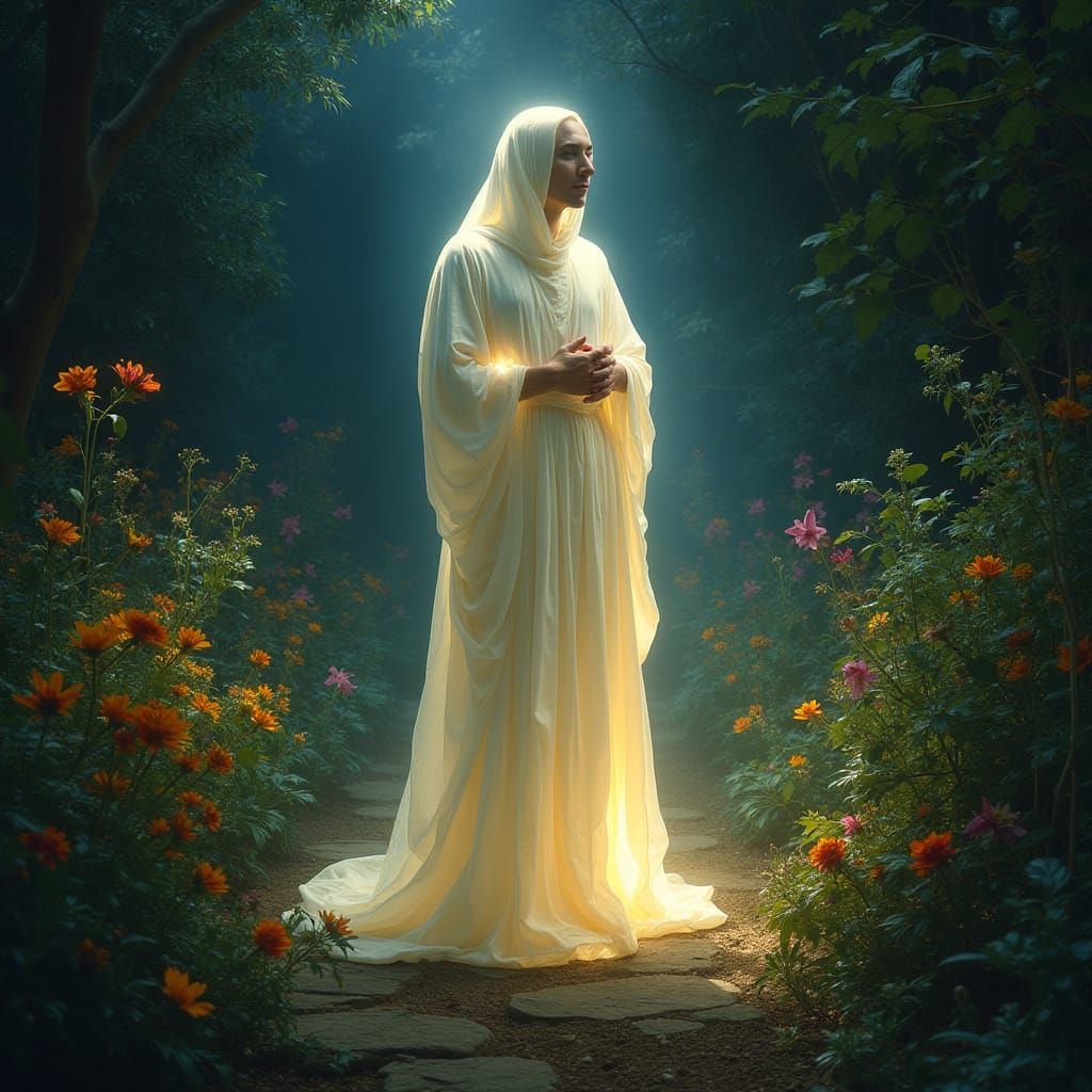 Ethereal Being in Bioluminescent Garden: Surreal Art