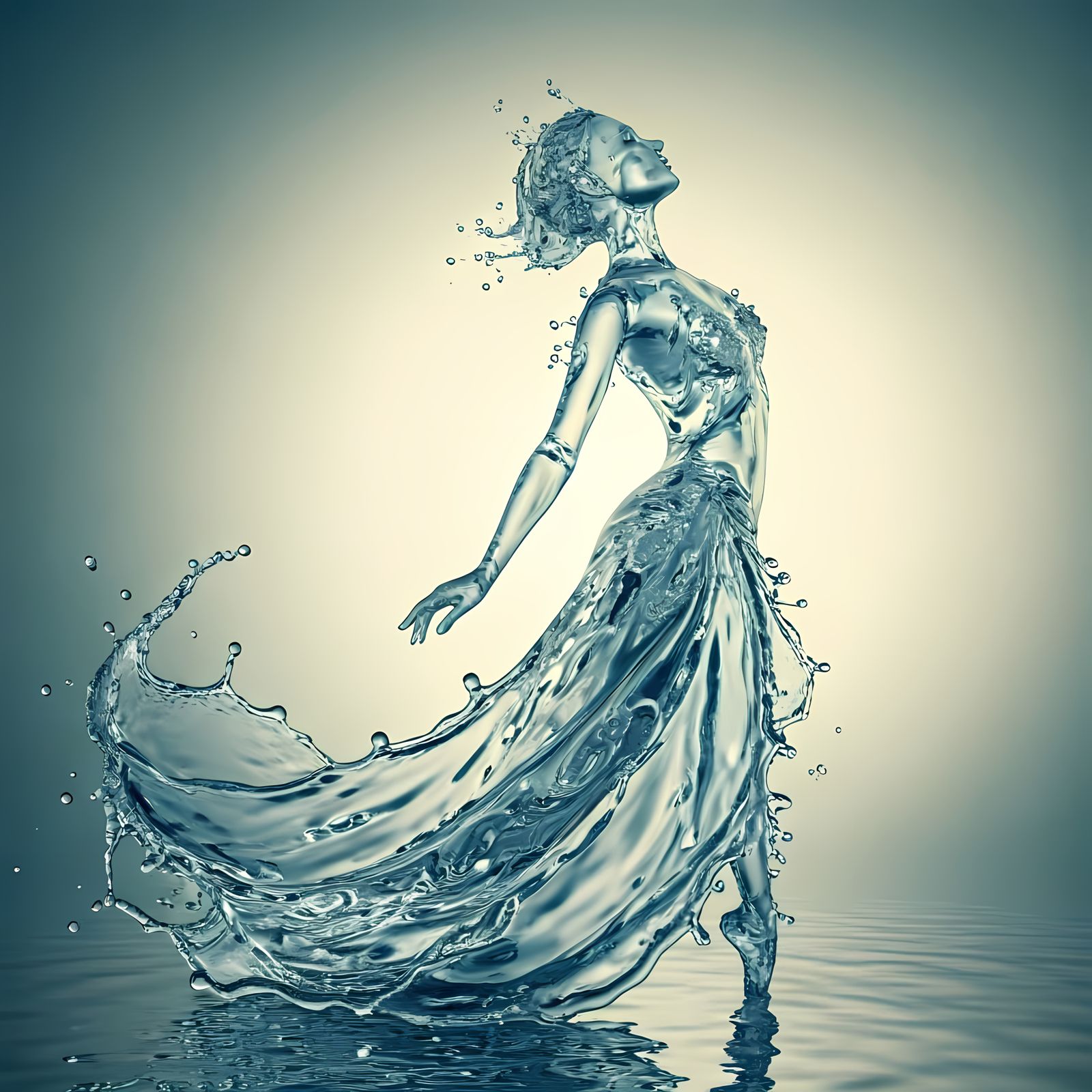 Ethereal Dancer Made of Shimmering Water in a Lovely Blue Go...