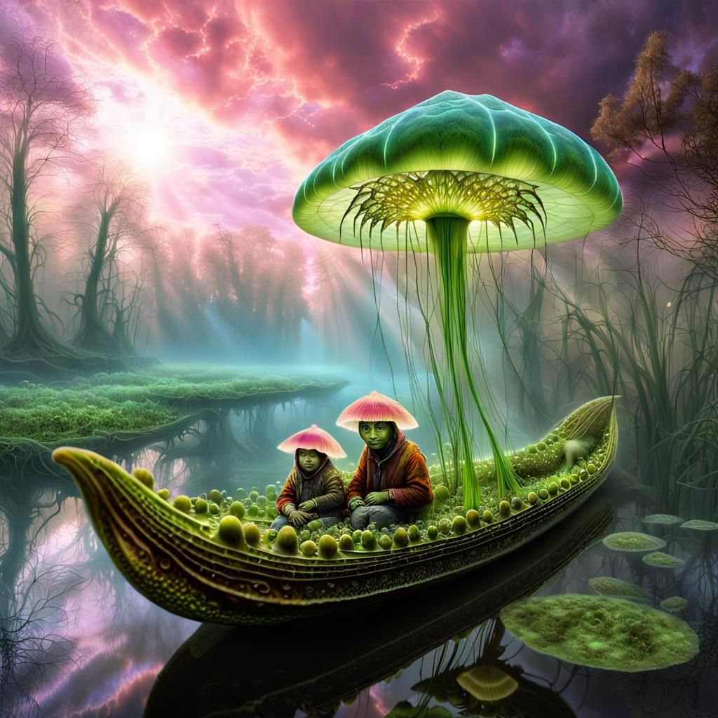 Mother and Baby in Pea Pod Boat on Algae River