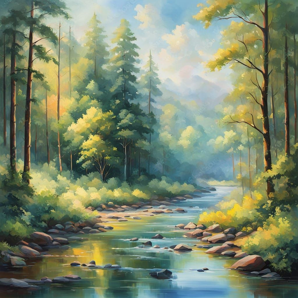 Dreamy Summer Morning River Landscape Oil Painting