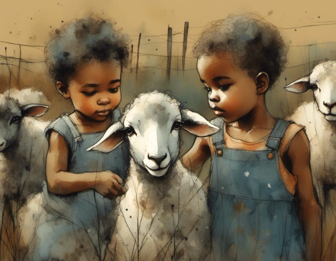Toddler Siblings Petting Sheep in Charcoal and Ink Style