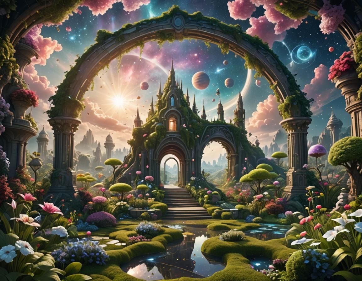 Futuristic Fantasy Garden with Celestial Sky Opening