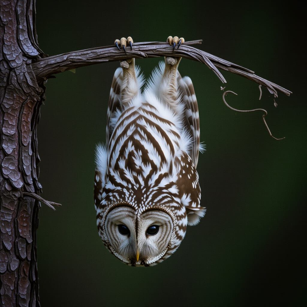 Barred Owl Hangs Upside Down on Dark Background