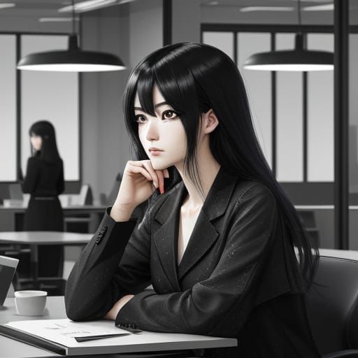 Anime Office Girl on Coffee Break in Moody Ink Drawing