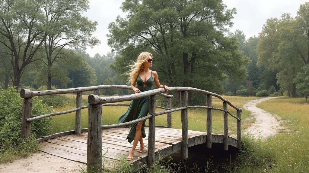 Woman in Grove Approaching Bridge, in Art Nouveau Style