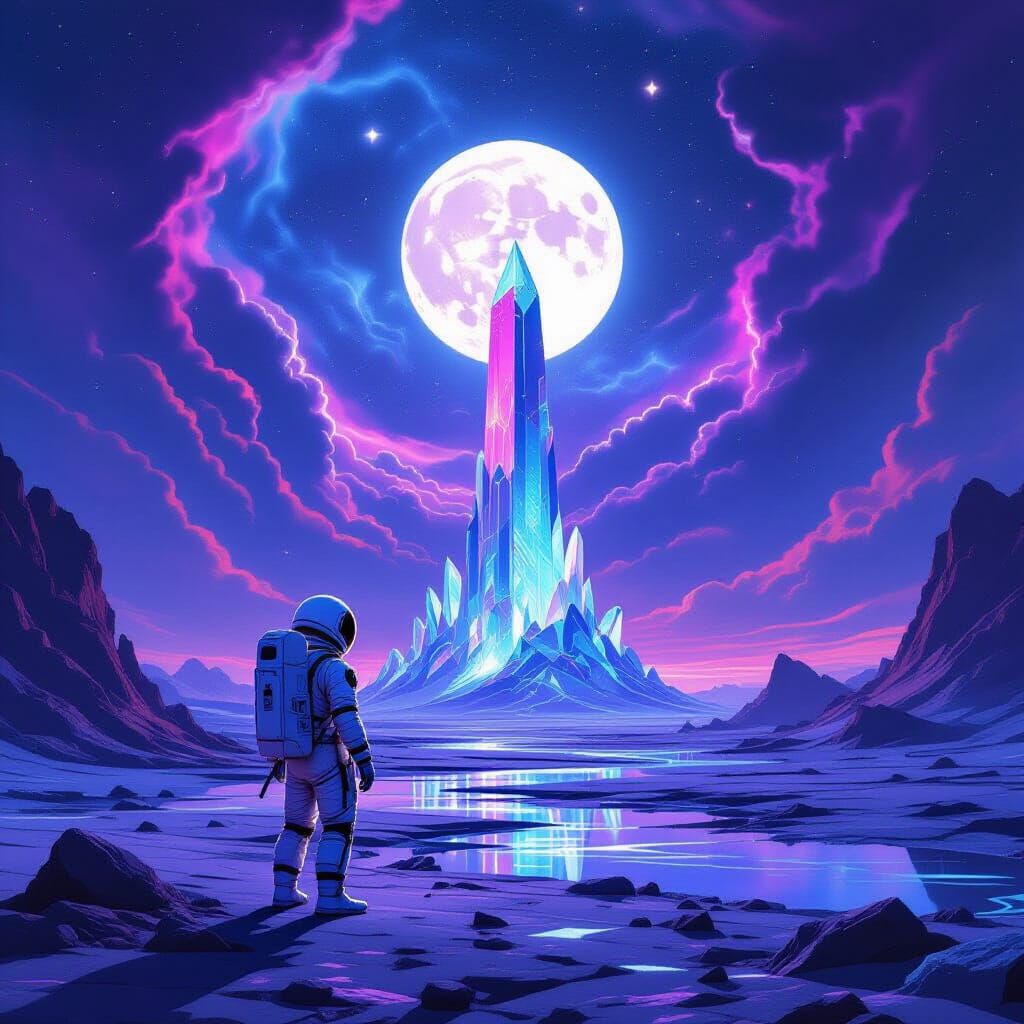 Astronaut Gazes at Alien Crystal Structure in Cosmic Sky