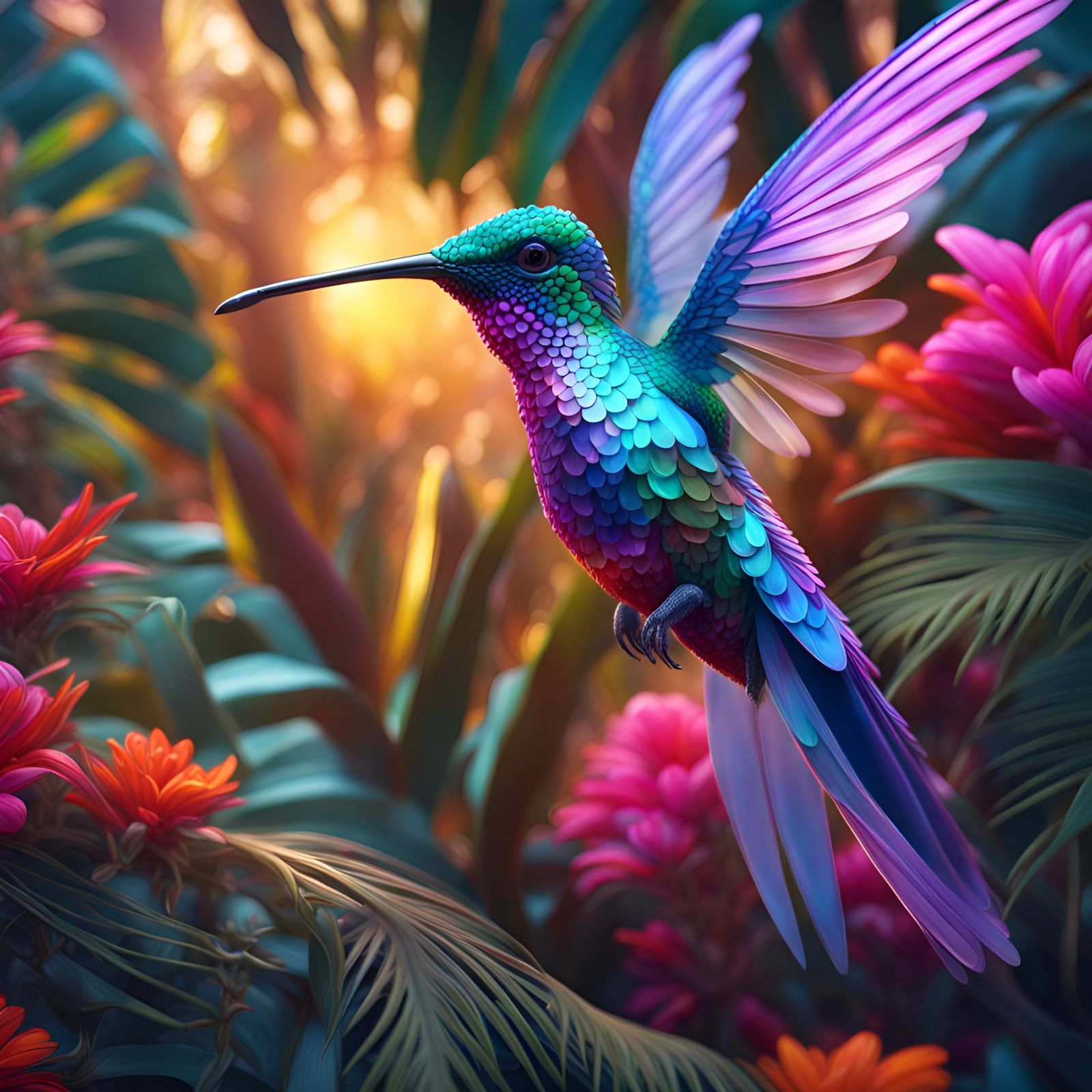 Crystal Hummingbird in Tropical Garden: Digital Art