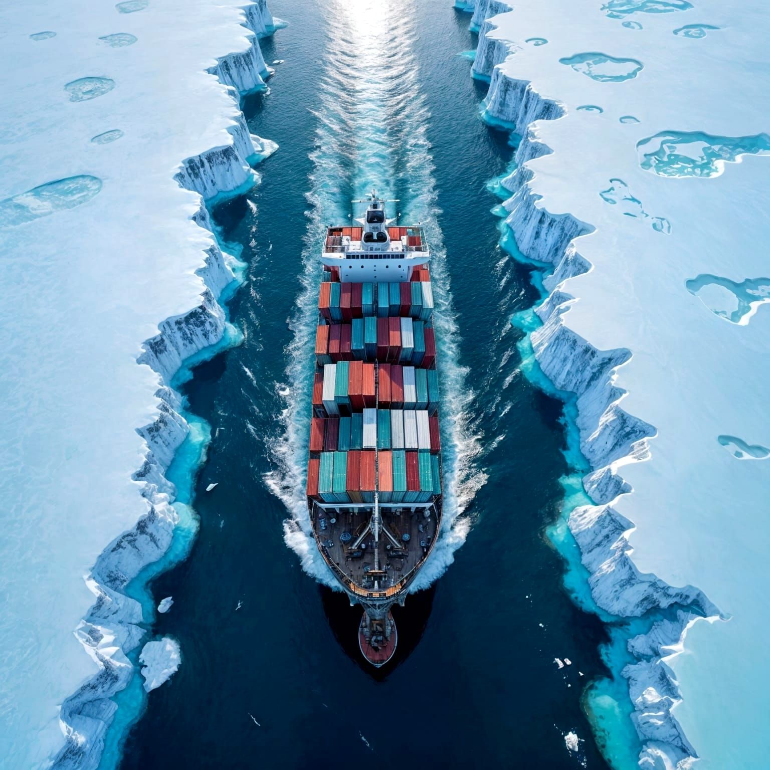 Cargo Ship Navigates Turquoise Arctic Waters: Drone View