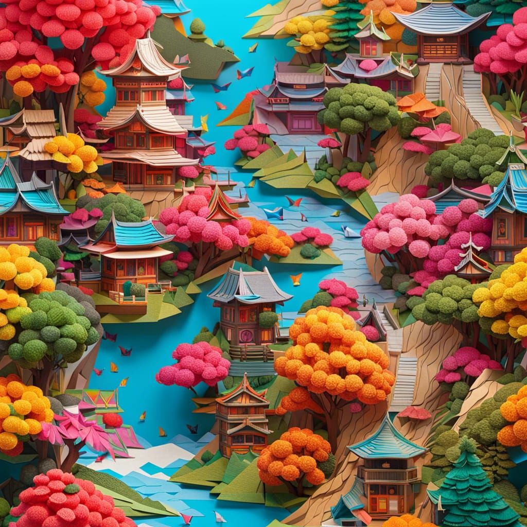 Vibrant Origami Landscape of Japanese Wonderland