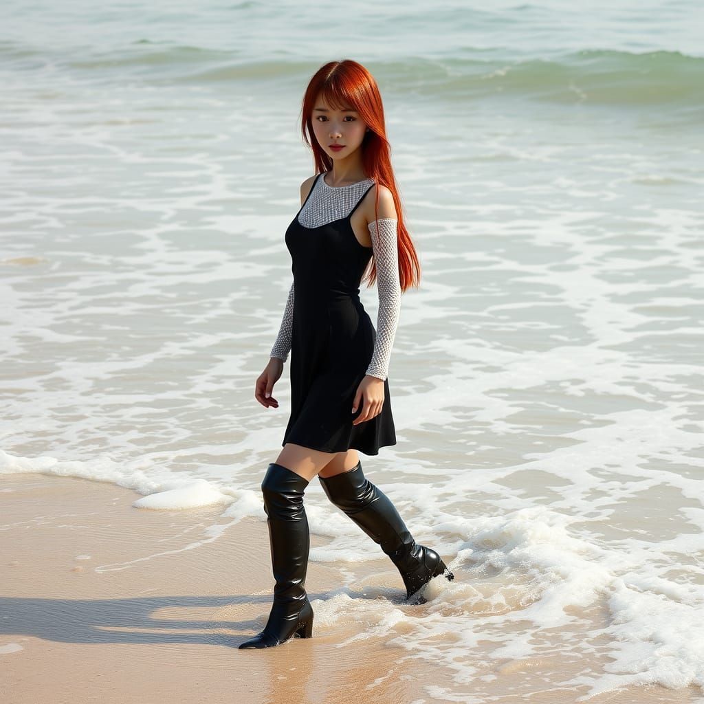 Japanese Woman Walking on Beach in Hyper-Realistic Style