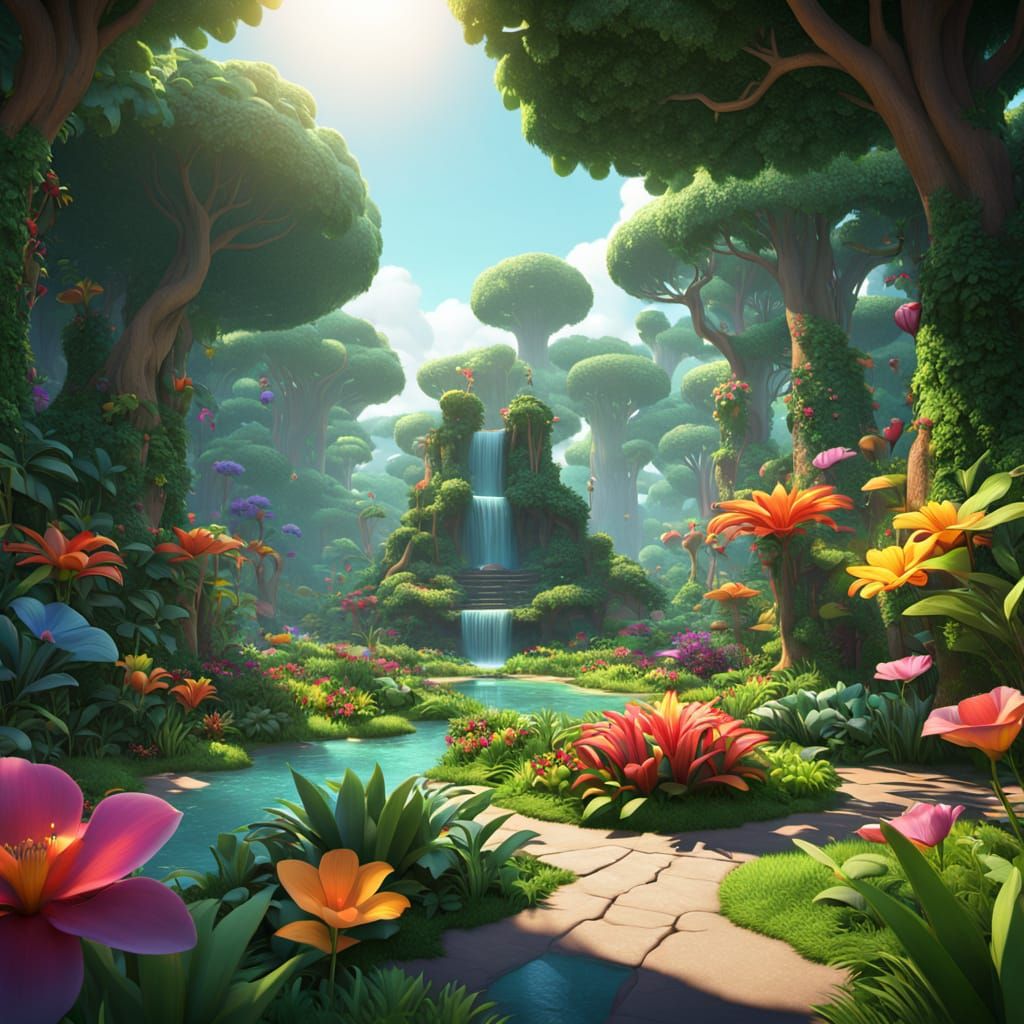 Vibrant Eden Oasis in Whimsical Digital Art