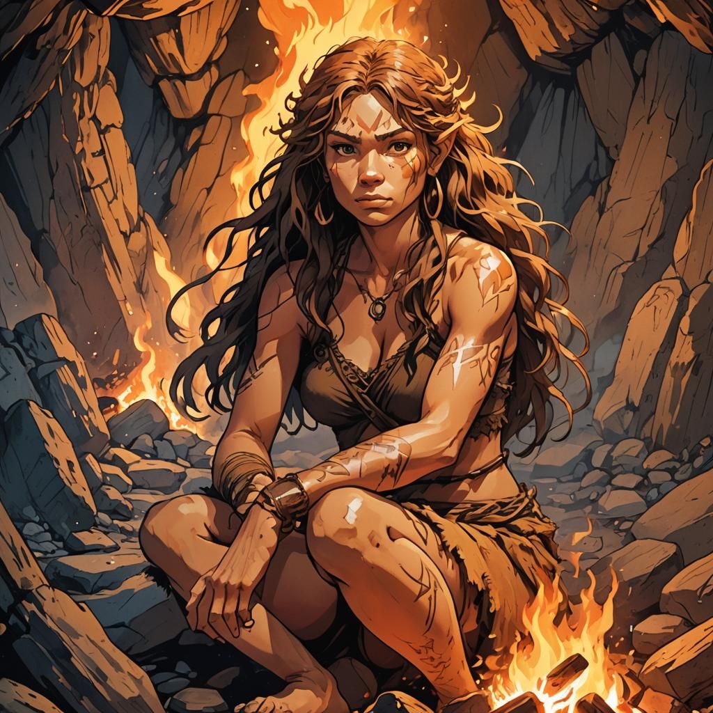 Anime Portrait of a Cave Woman by Firelight