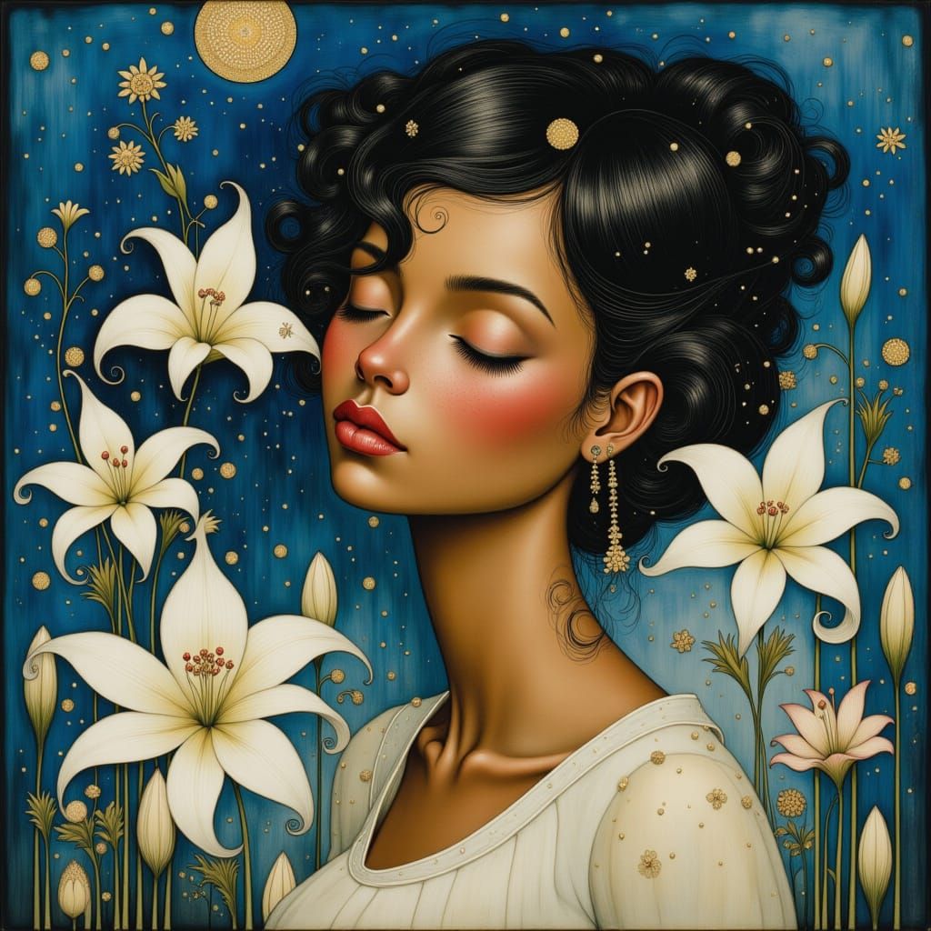 Serenely Majestic Woman in Whimsical Landscape