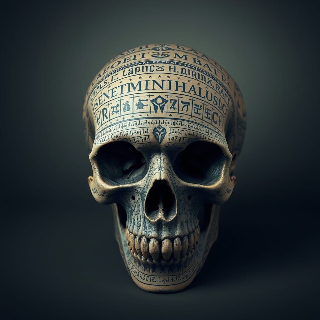 Symbolic Human Skull with Intricate Ancient Tattoos in Hyper...