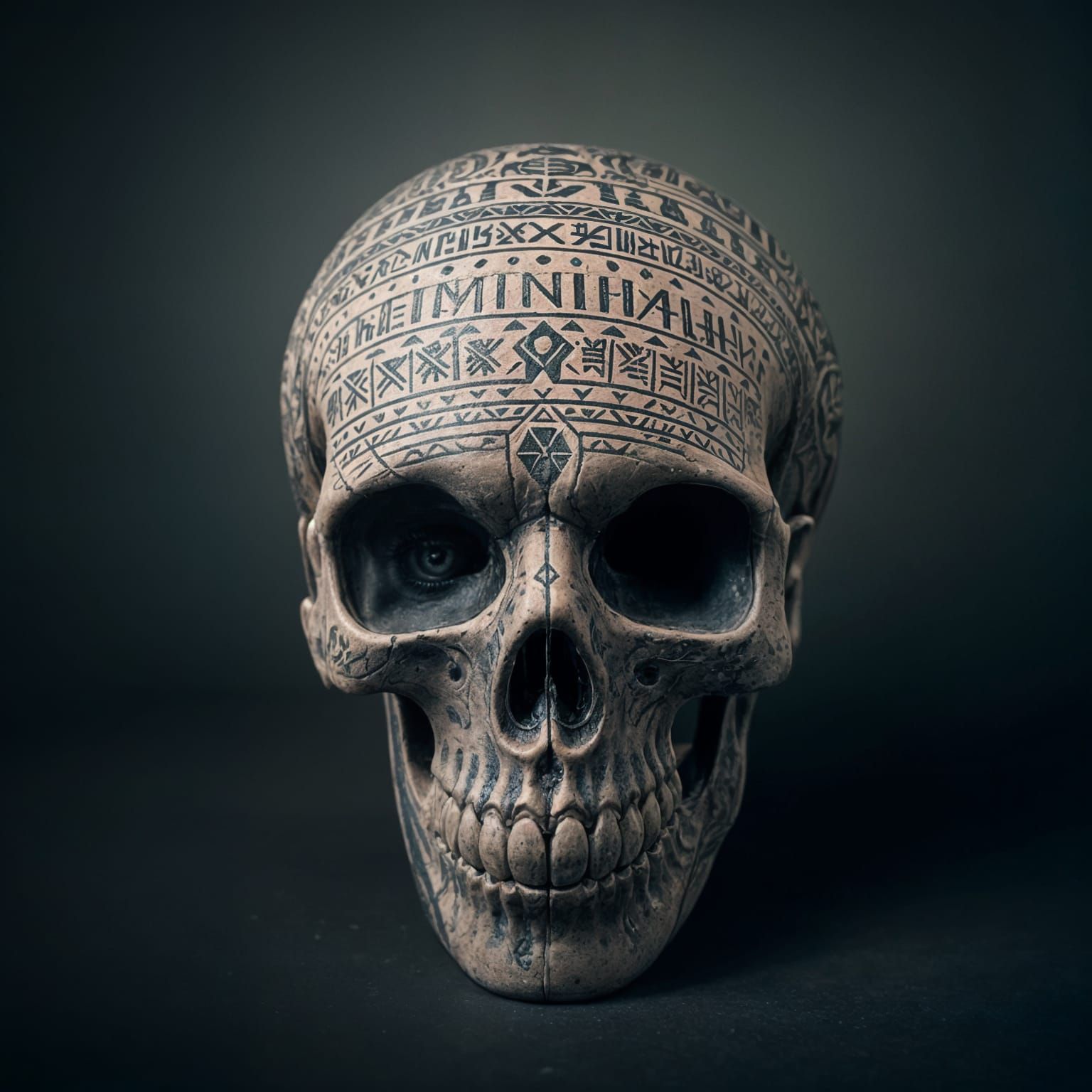 Hyperrealistic Tattooed Skull with Ancient Symbols
