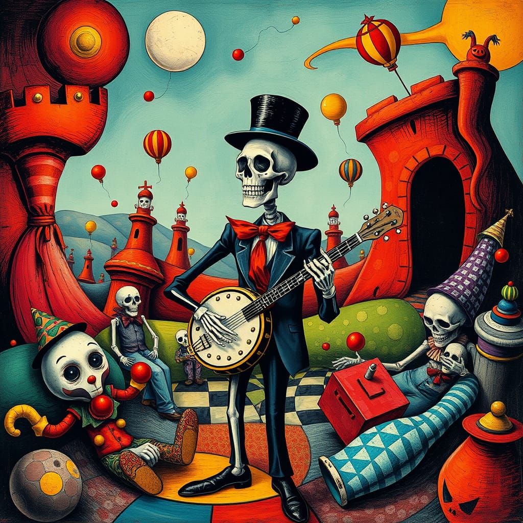 Skeleton's Surreal Performance at Clown Funeral in Cubist St...