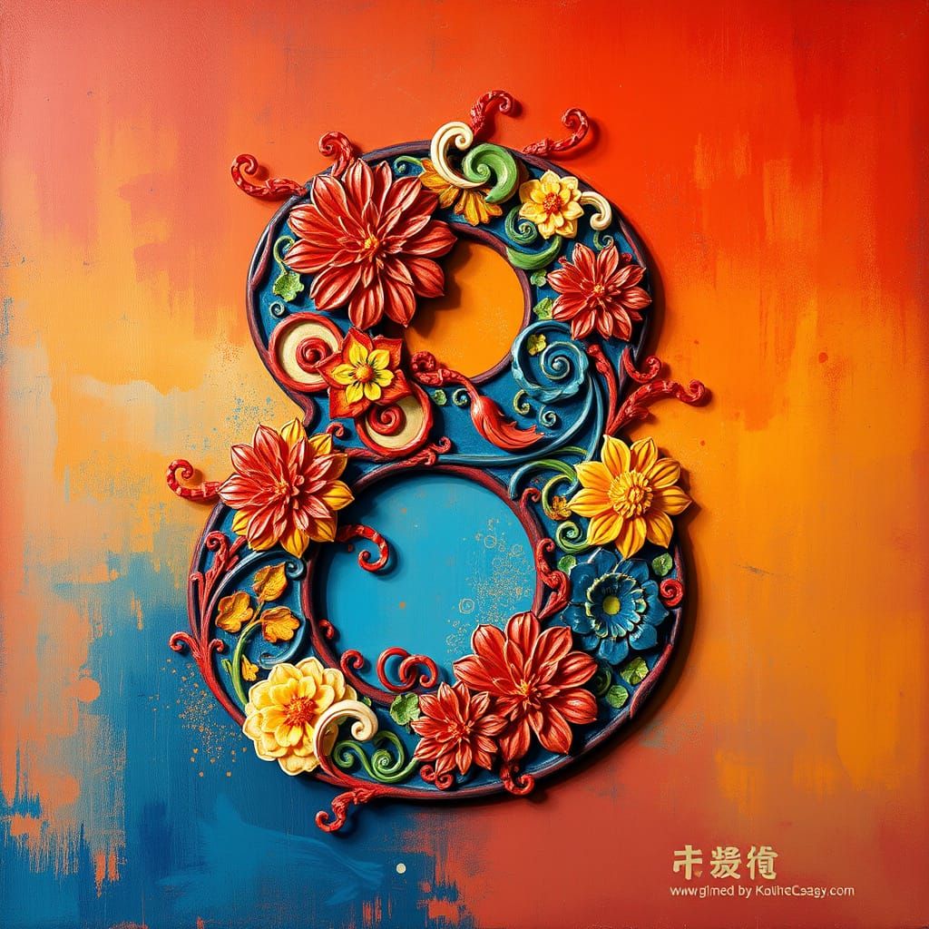 Vibrant Neo-Impressionist Chinese Number 8 in Textured Acryl...