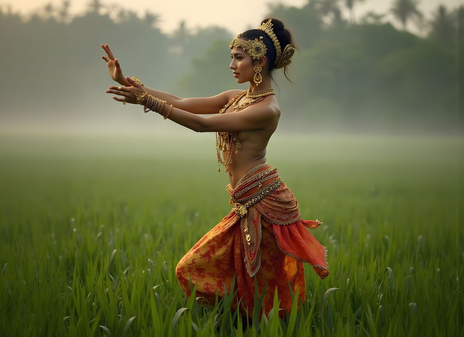 Balinese Dancer in Rice Paddy, Art Nouveau Style