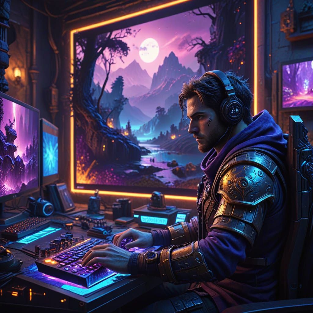 Fantasy Gamer Immersed in Digital World