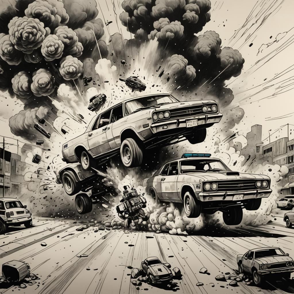 Explosive Car Chase Stunts in Ink Drawing