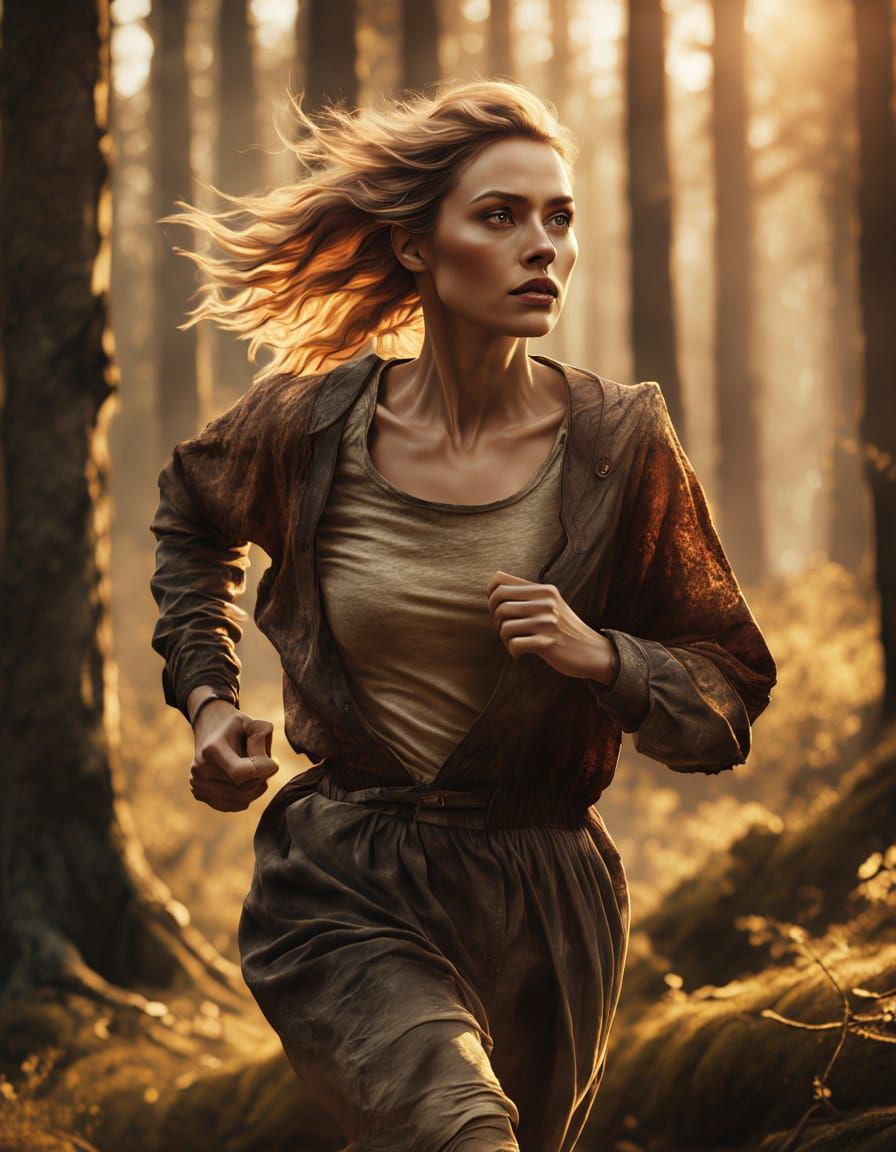 Woman Runs Through Woods: Cinematic Matte Painting