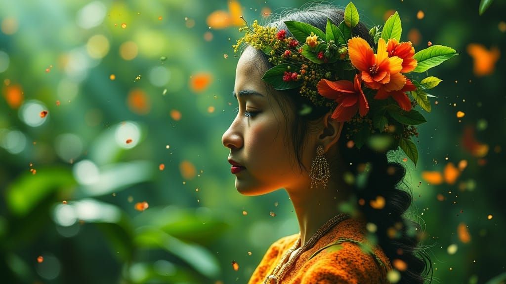 Balinese Woman with Floral Double Exposure, Dark Oil Paintin...