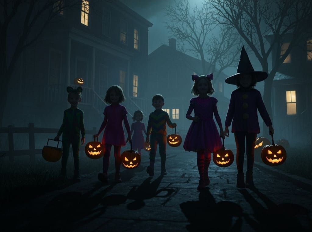 Children Trick-or-Treating in a Spooky Neighborhood