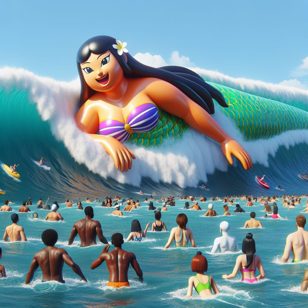 Colossal Mermaid Rides a Wave in Anime Style
