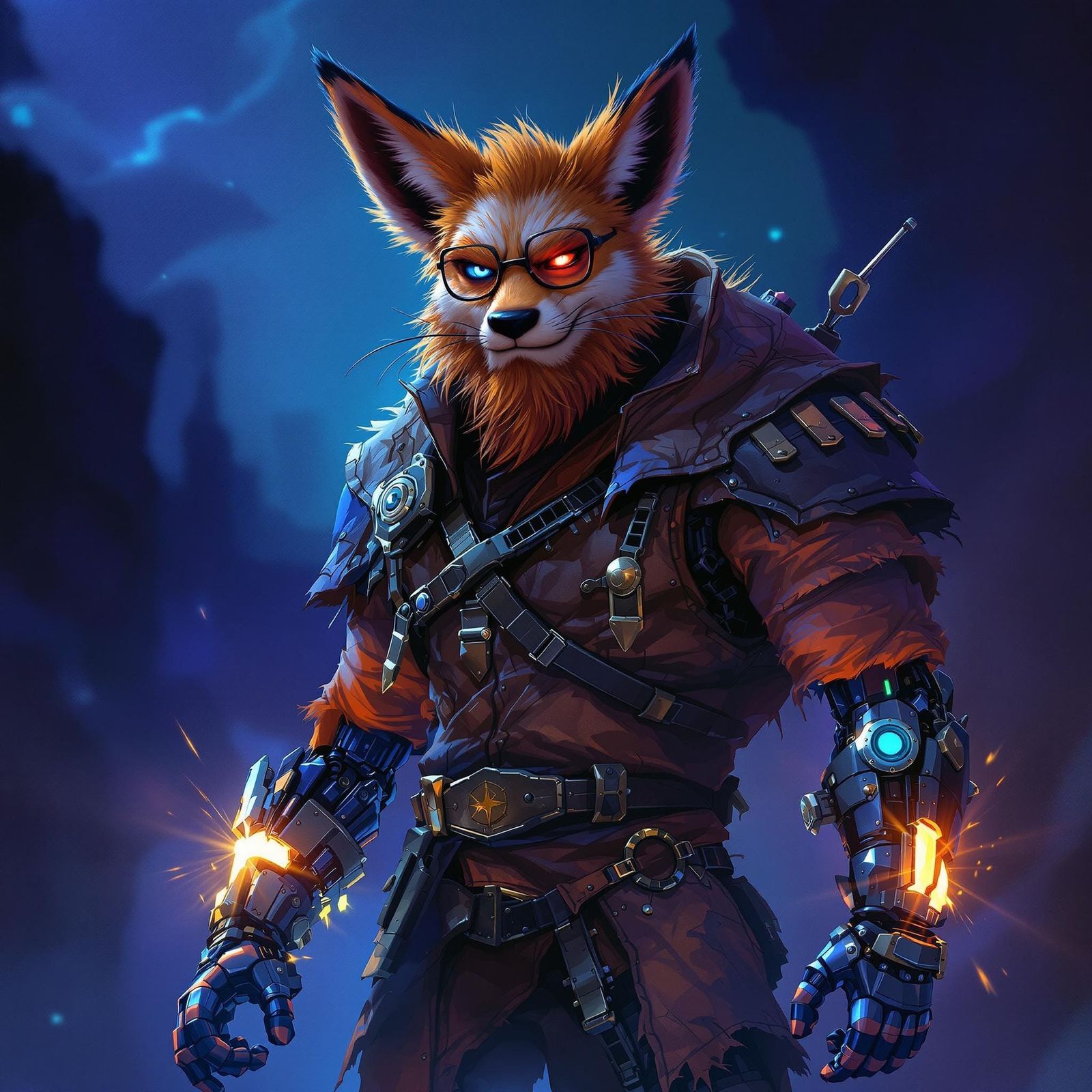 Cybernetic Fantasy Hero in Dark Whimsical Realm