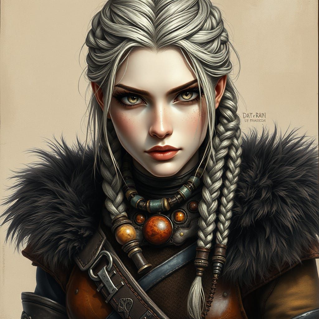 Medieval Female Barbarian in Earthy, Charcoal Drawing Style