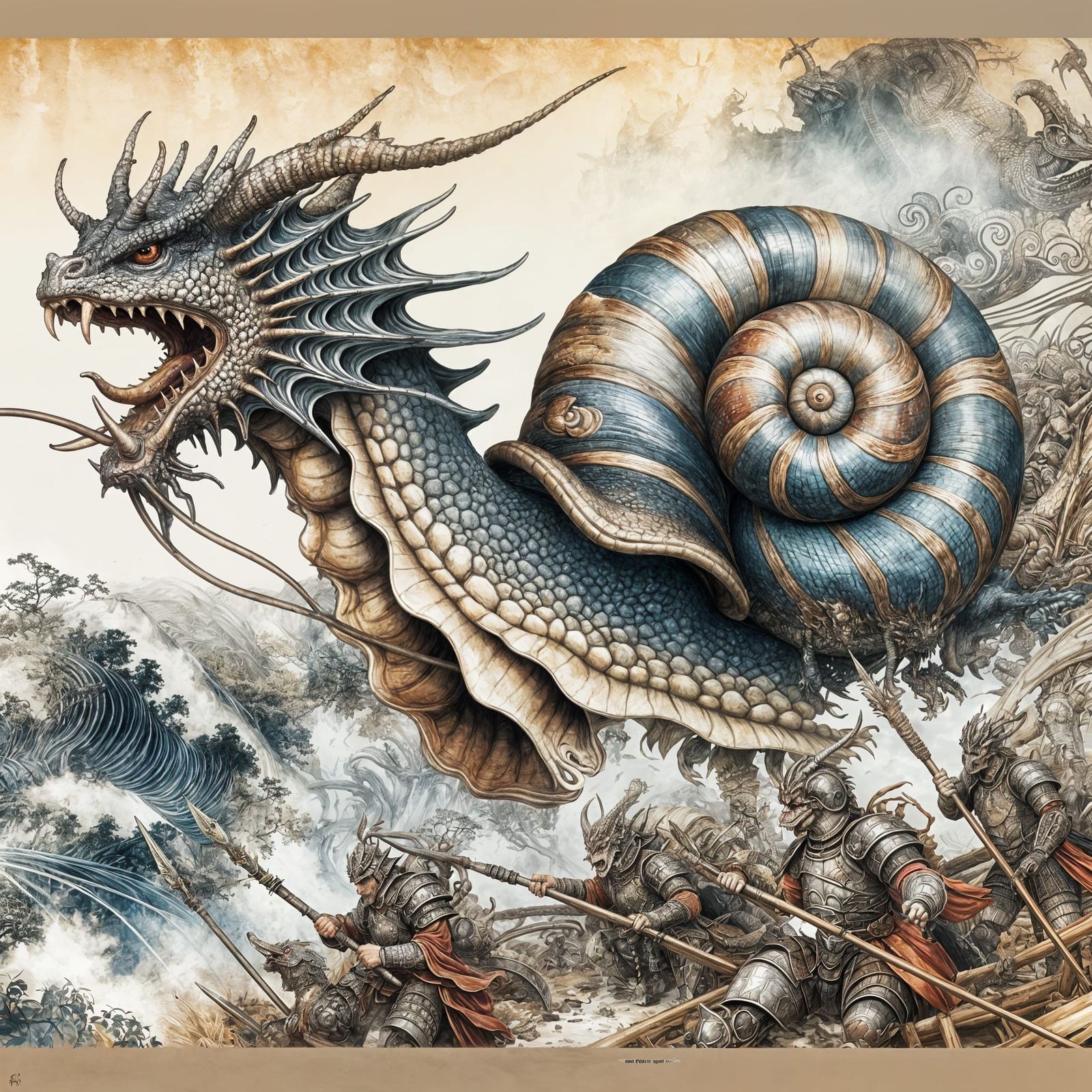 Imperial Snail Dragon with Japanese Inkwash Backdrop