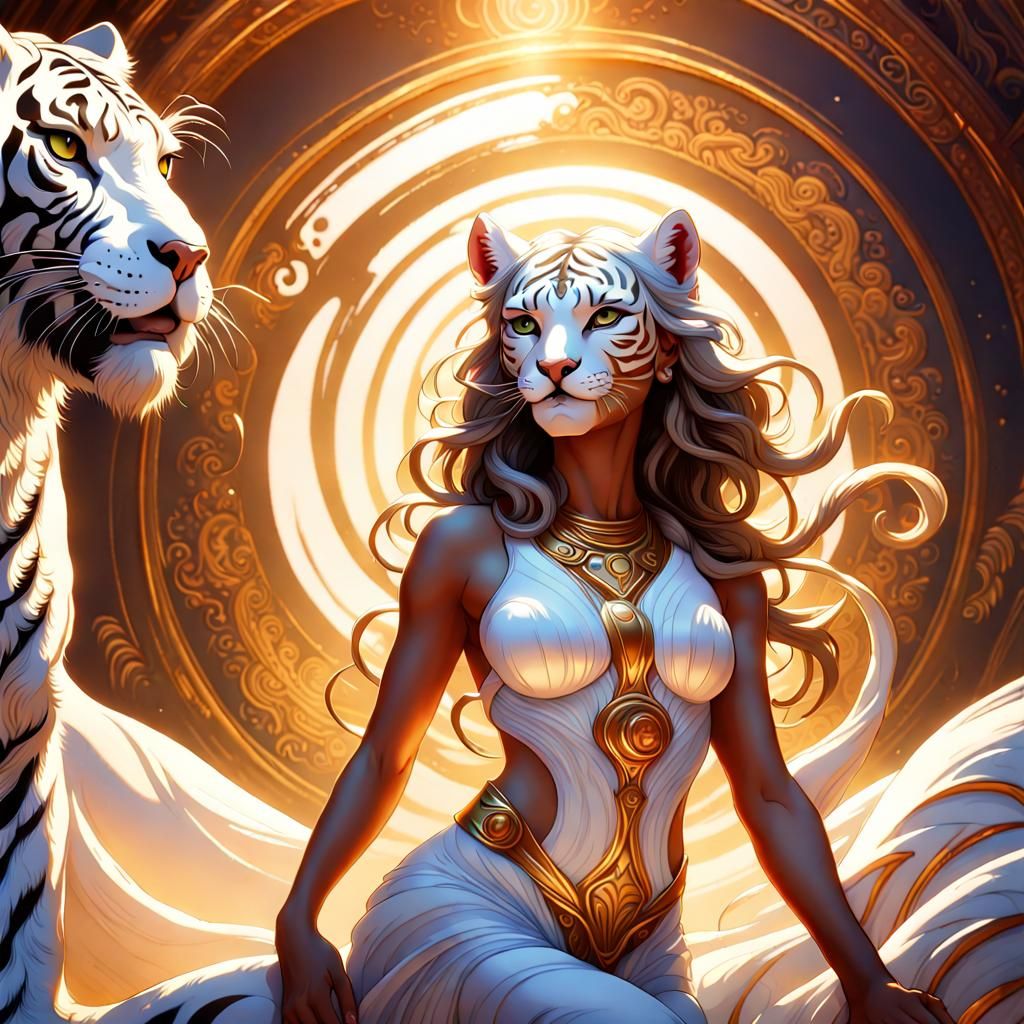 White Tigress Goddess in Golden Light, Fantasy Art