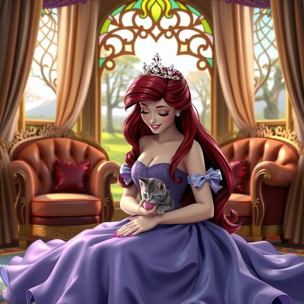 Princess Ariel Portrait with Kitten in Art Nouveau Style