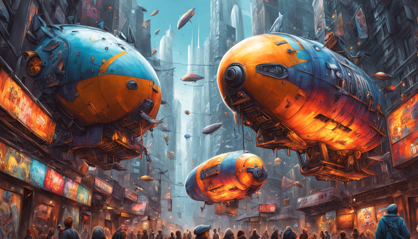 Surreal Futuristic Metropolis Filled with Glowing Airships