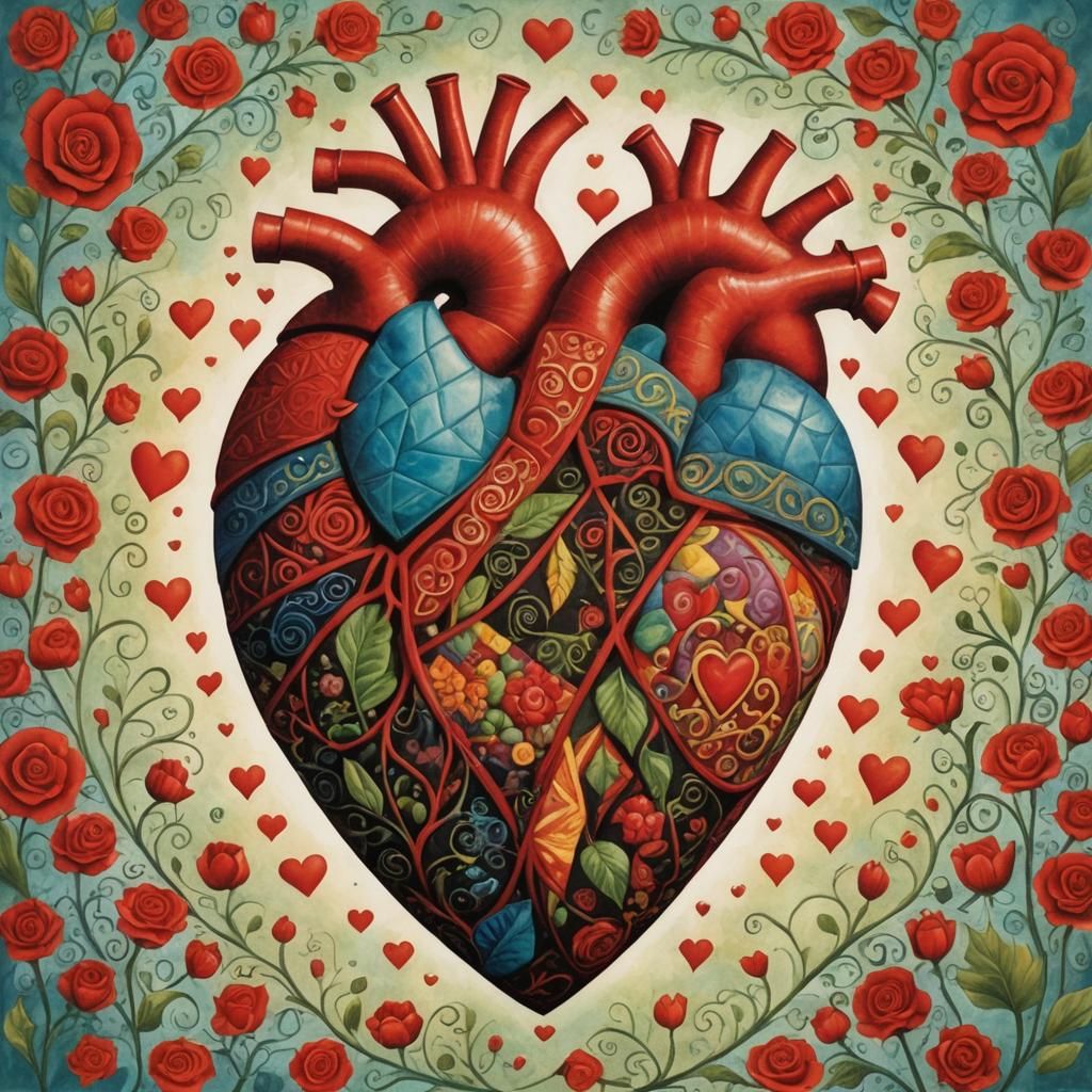 Surreal Heart with Quilt Design, Folk Art Style