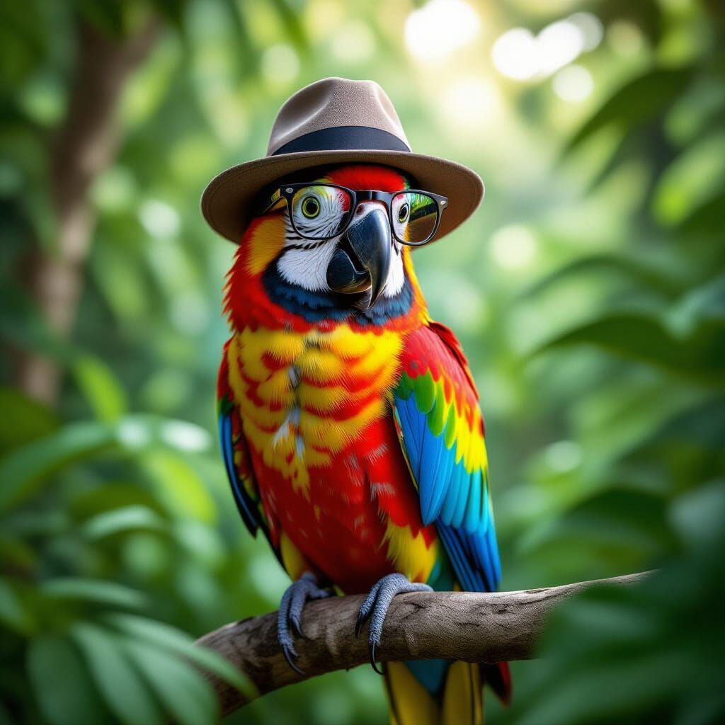 Colorful Parrot in Jungle Wearing Glasses and Fedora