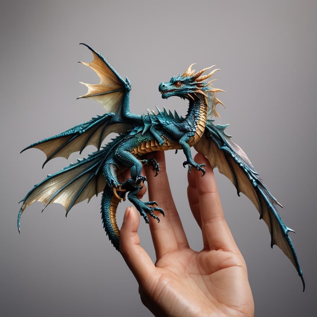 Miniature Dragon Perched on Finger: Hyper-Realistic Art