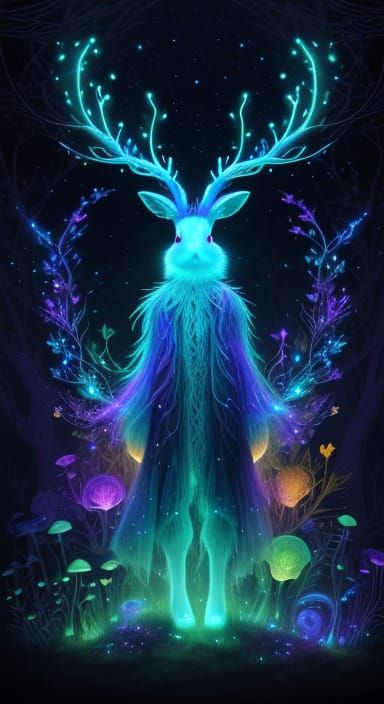 Bioluminescent Bunny in Mystical Forest, Dreamlike Illustrat...