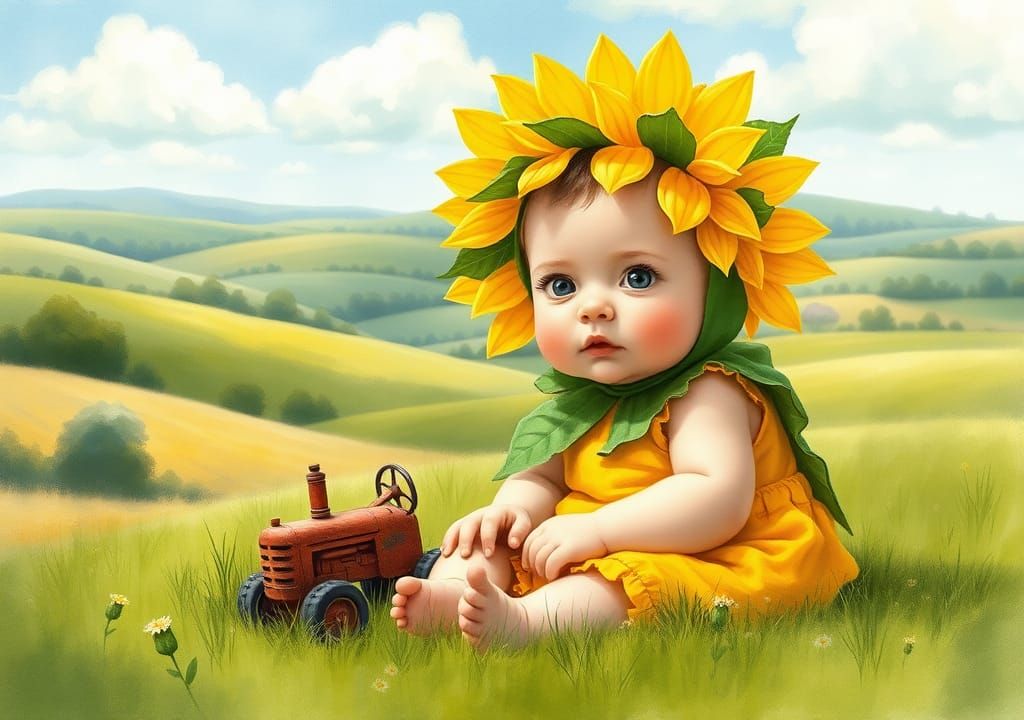 Baby in Sunflower Costume Playing with Tractor Toy